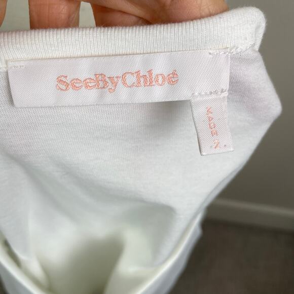 See by Chloe White Sheer Sleeve Mixed Media Knit Top Small - Picture 6 of 7